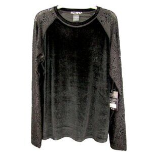 Cowgirl Tuff Black Velvet Long Lace Sleeve Top Womens Size L Velour New Tag